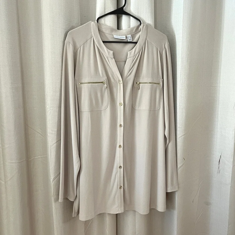 Susan Graver Tunic Top Womens 2X Tan Liquid Knit Office Gold Neutral Chic Career